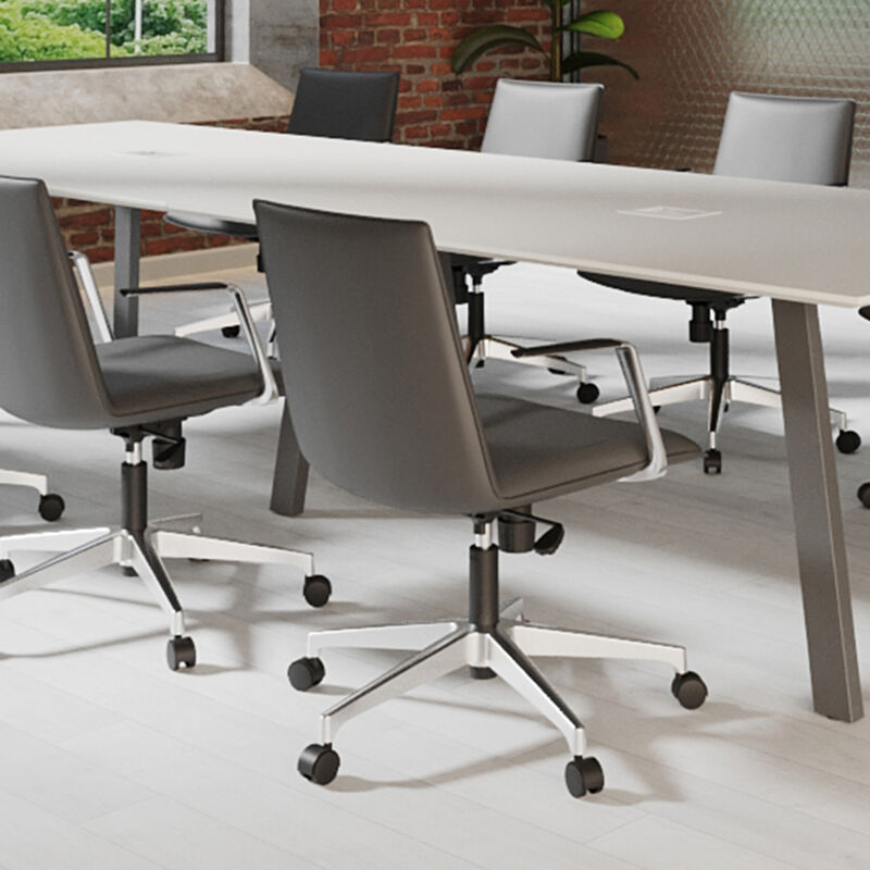 Modern home office setup with an ergonomic chair on a glass mat, wooden height-adjustable desk, and shelving with decor against a green wall. image number null