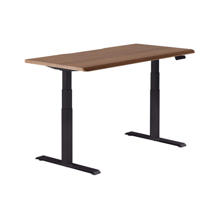 isolated image of a electric standing desk with a walnut finish top and black legs image number 1
