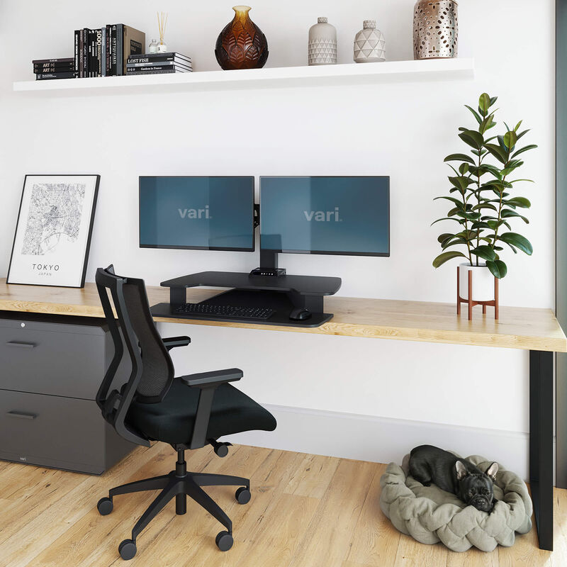 varidesk electric dual monitor converter in black in a lowered position on desk  image number null
