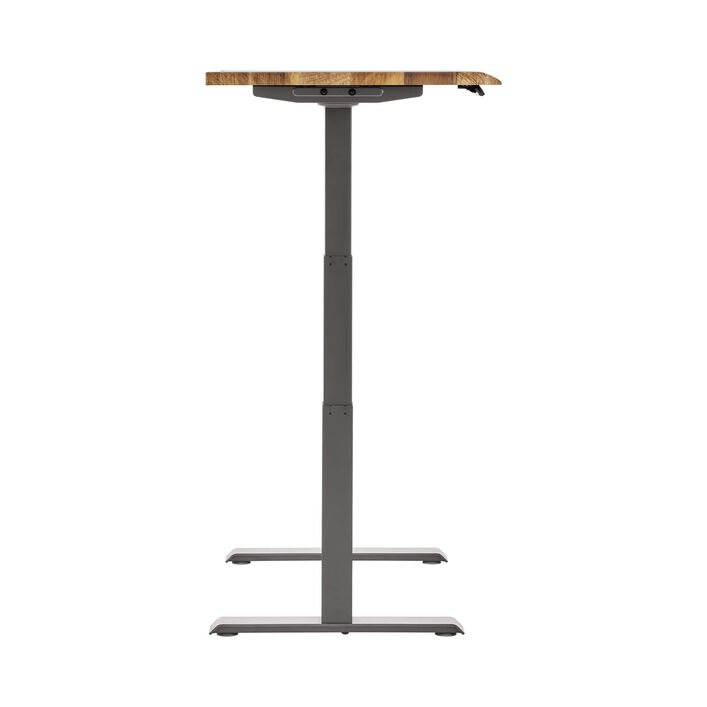 side view of an electric standing desk with a reclaimed wood finish top and slate legs image number 2