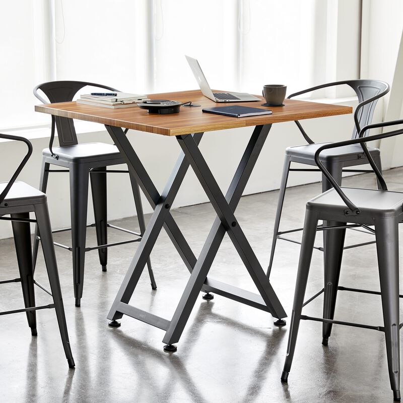 Standing Meeting Table Butcher Block in office shown with chairs image number null