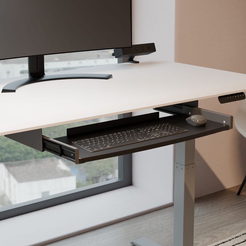 keyboard trey attached to desk with keyboard and power hub image number null