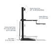 varidesk electric single monitor converter in black has a base height of 2.125 inches and a desktop height range of 4.5 inches to 21.33 inches with a 23 degree angle monitor mount in all directions