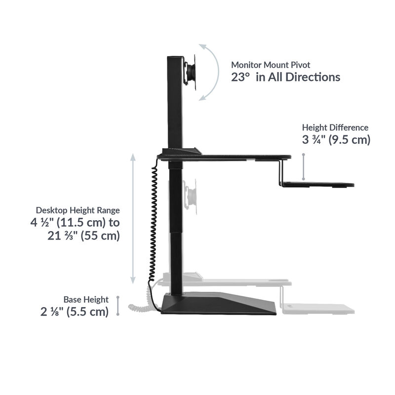 varidesk electric single monitor converter in black has a base height of 2.125 inches and a desktop height range of 4.5 inches to 21.33 inches with a 23 degree angle monitor mount in all directions image number null