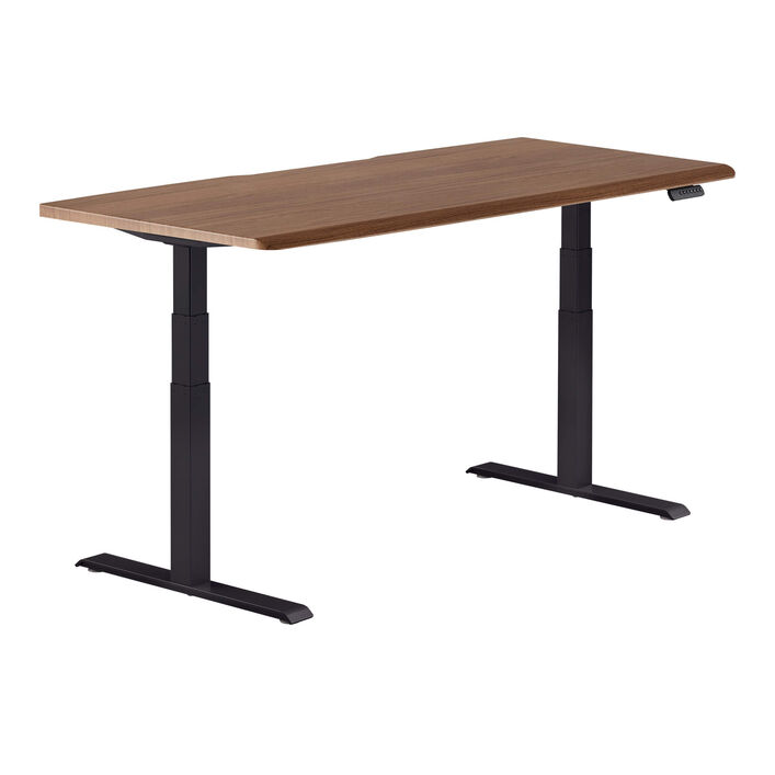 isolated image of a electric standing desk with a walnut finish top and black legs image number 1
