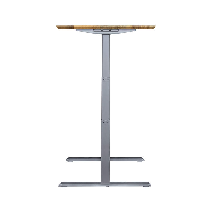 side view of an electric standing desk with a reclaimed wood finish top and silver legs image number 2