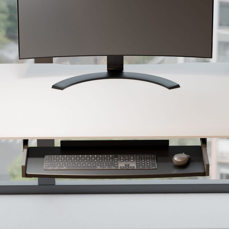 front view of keyboard trey attached to desk with keyboard  image number null