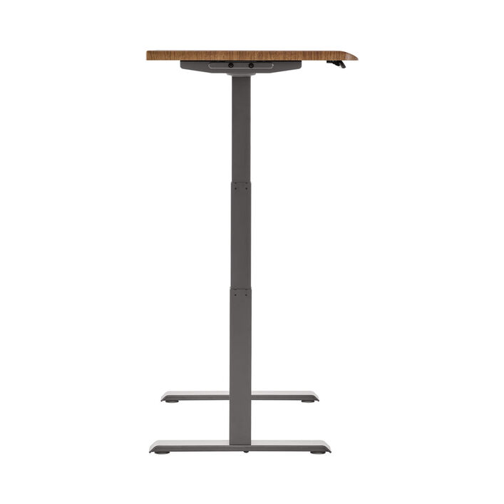 side view of an electric standing desk with a walnut finish top and slate legs image number 2