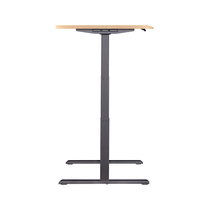 side view of an electric standing desk with a light wood finish top and slate legs image number 2