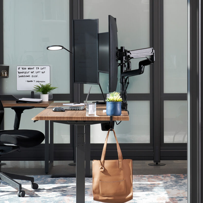 triple monitor arms setup in a vertical and horizontal monitor orientation image number null