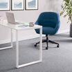 upholstered desk chair in azure blue in office setting
