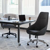 high back conference and upholstered conference chair with conference table to create conference space