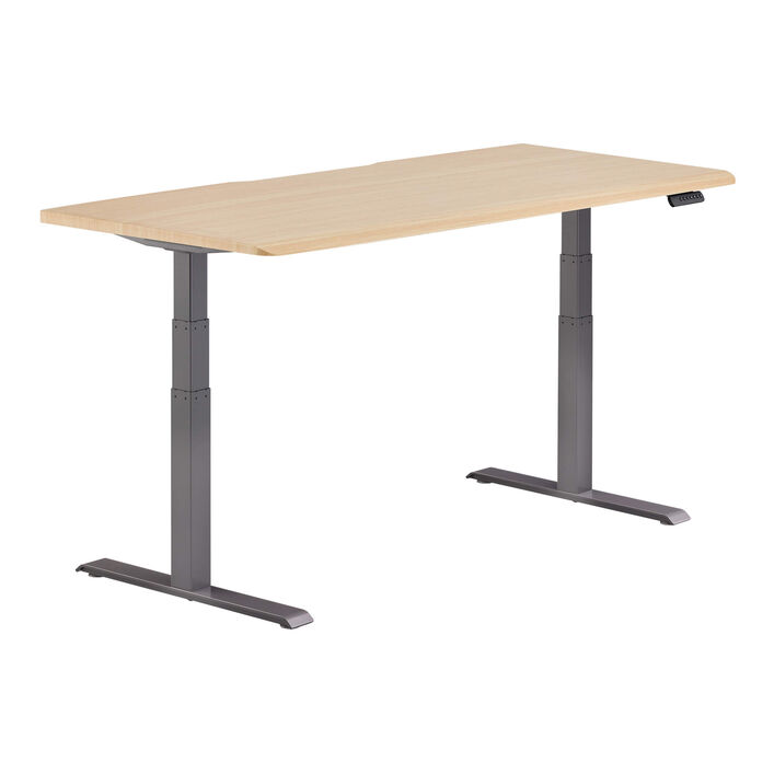 isolated image of a electric standing desk with a light wood finish top and slate legs image number 1