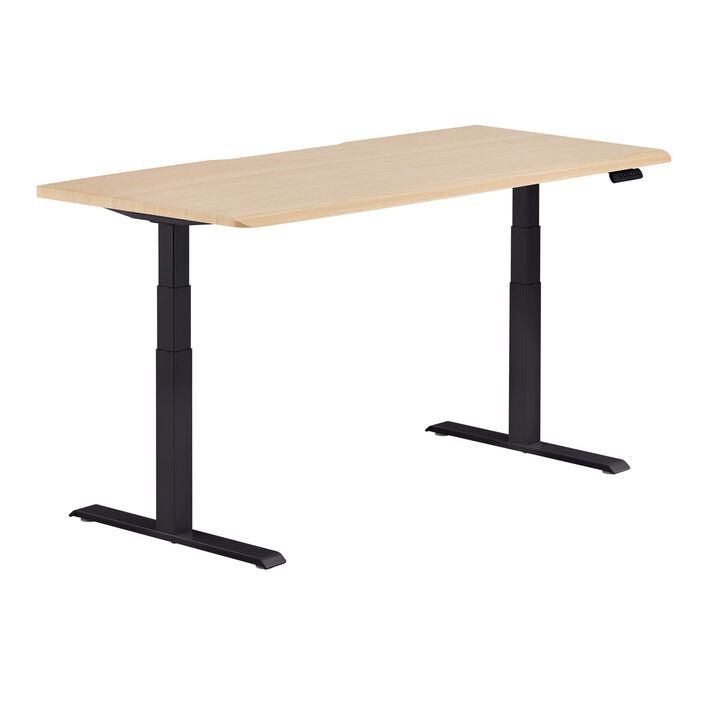 isolated image of a electric standing desk with a light wood finish top and black legs image number 1