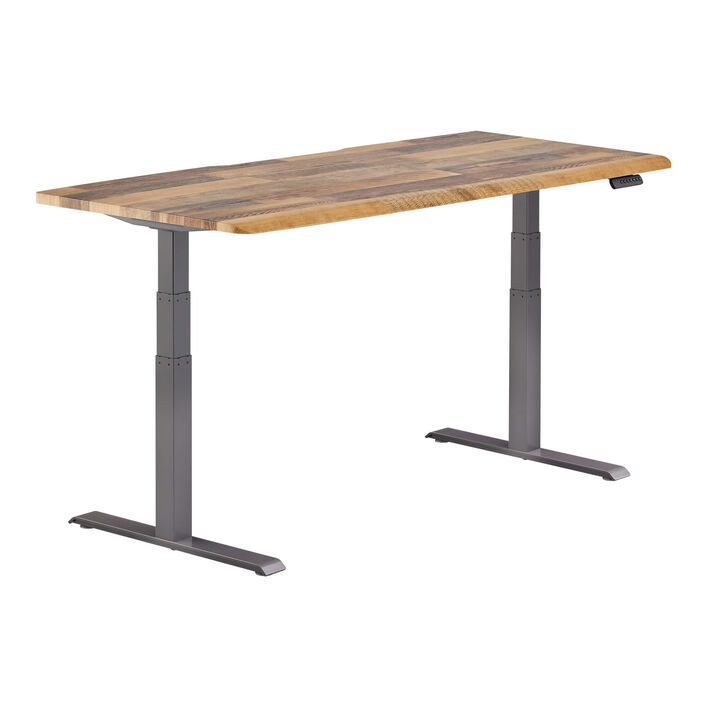 isolated image of a electric standing desk with a reclaimed wood finish top and slate legs image number 1