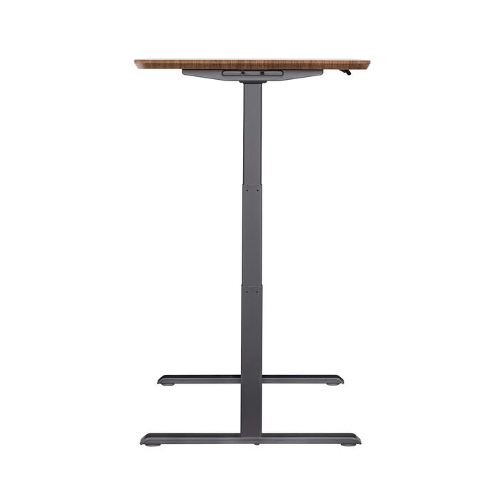 side view of an electric standing desk with a walnut finish top and slate legs image number 2