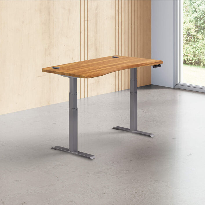 butcher block finish standing desk top with slate legs in a open office image number 0