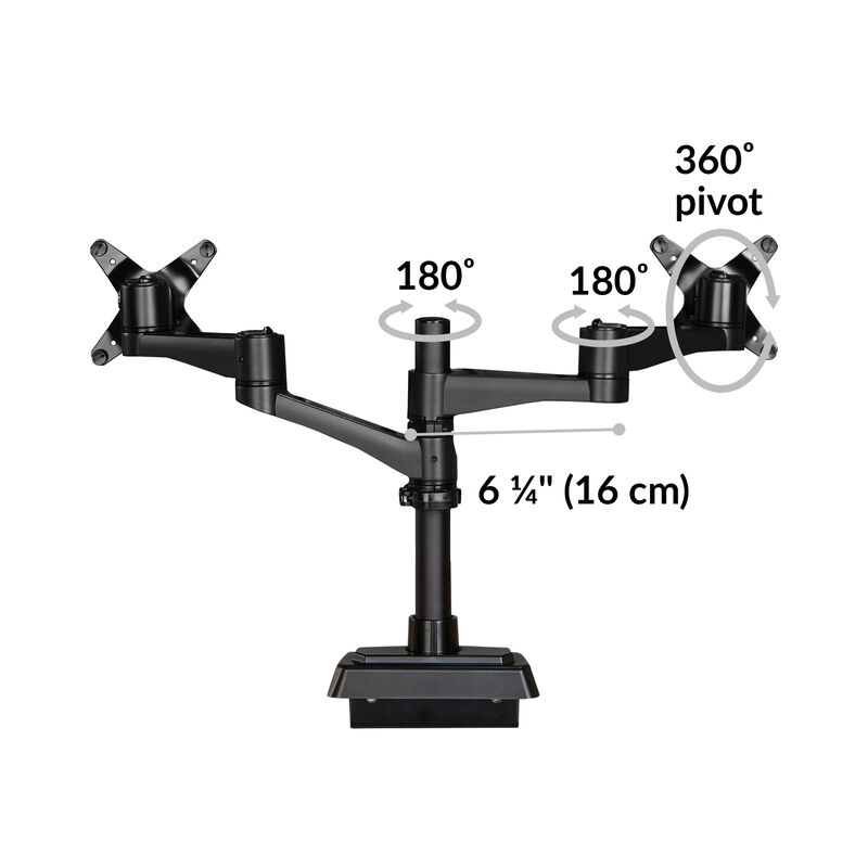 dual monitor arm 180 degree arm length is 6 and a quarter inches.  image number null