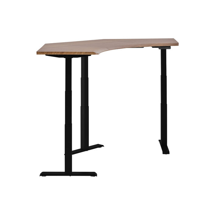 side view of an electric standing desk with a walnut finish top and black finish legs image number 2
