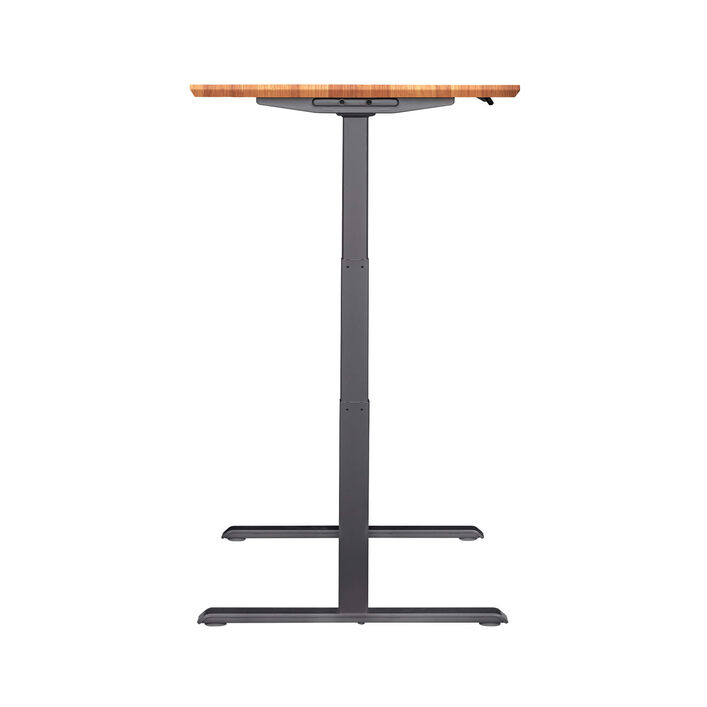 side view of an electric standing desk with a butcher block finish top and slate legs image number 2