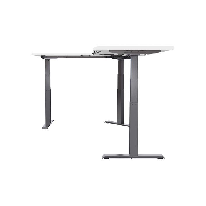 side view of an L-shape electric standing desk with a white finish top and slate legs image number 2