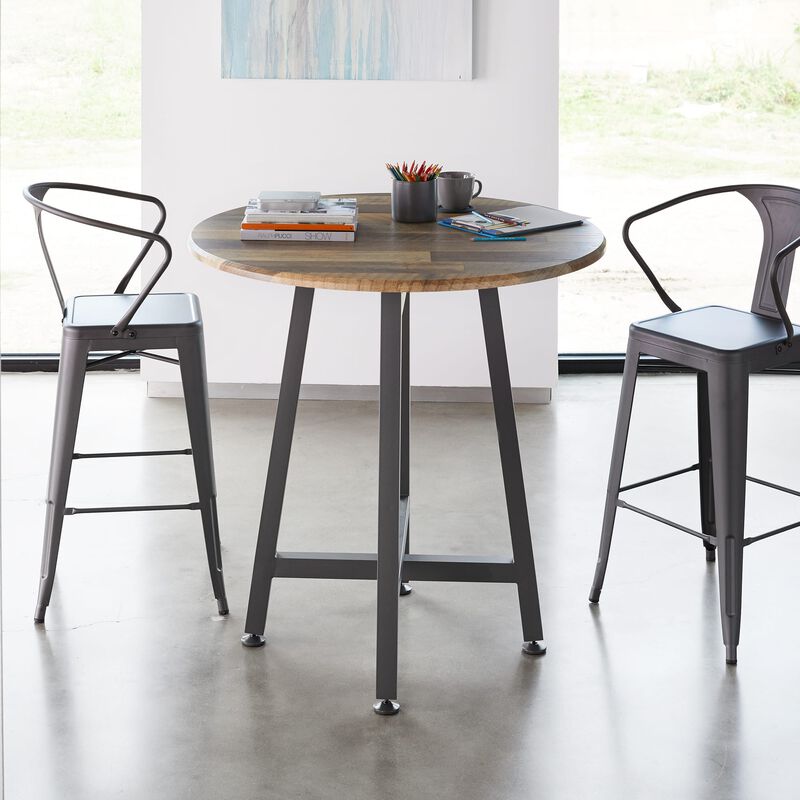Standing Round Table Reclaimed Wood shown with two chairs in office image number null