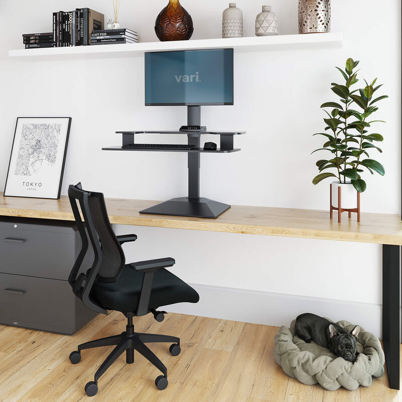 varidesk electric single monitor converter in black in a raised position on desk  image number null
