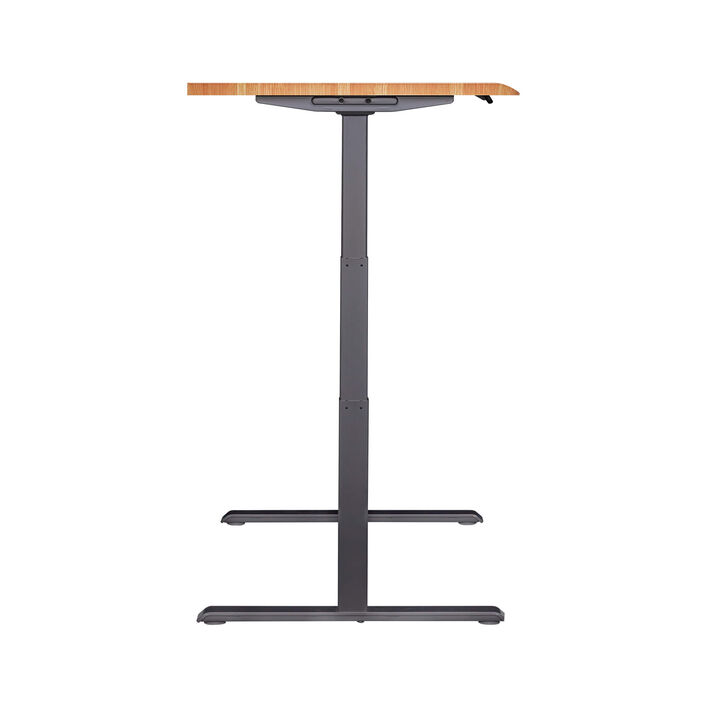 side view of an electric standing desk with a butcher block finish top and slate legs image number 2