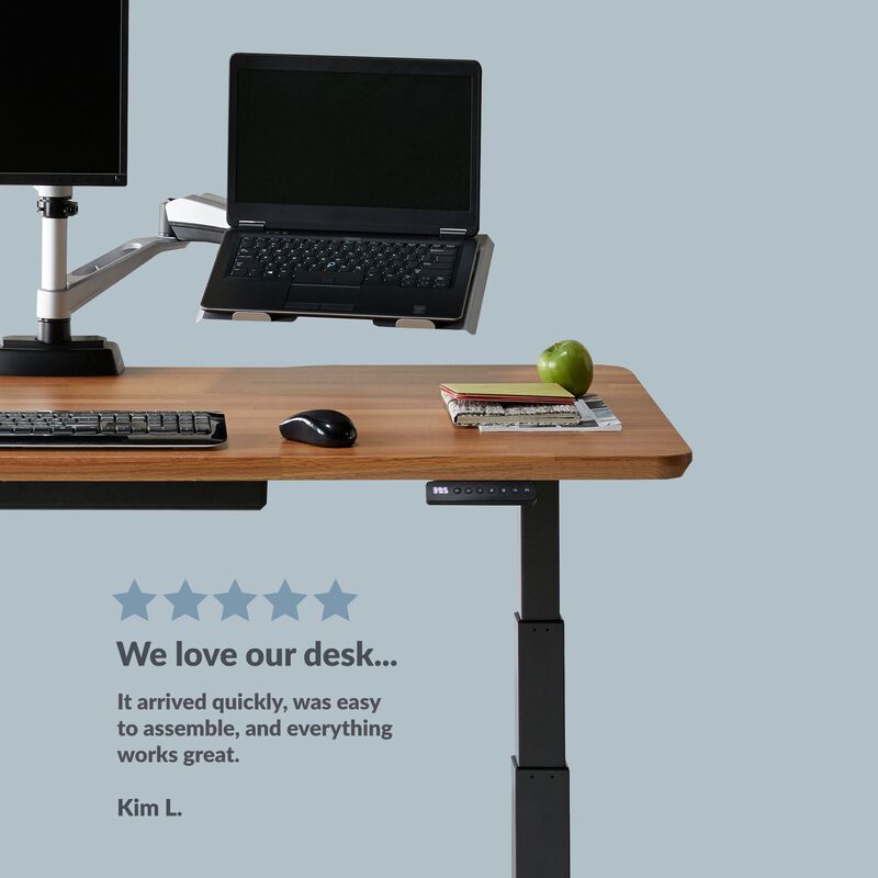 Front view of a electric standing desk with a five star rating with a customer review on the bottom of the image saying "We love our desk... It arrived quickly, was easy to assemble, and everything works great." image number null