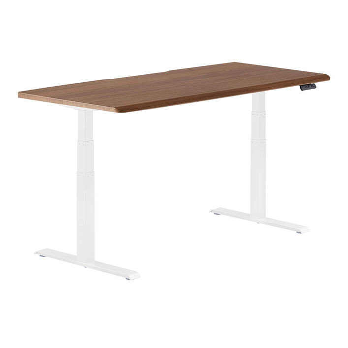 isolated image of a electric standing desk with a walnut finish top and white legs image number 1