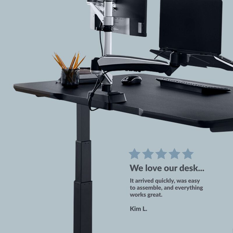Front view of a electric standing desk with a five star rating with a customer review on the bottom of the image saying "We love our desk... It arrived quickly, was easy to assemble, and everything works great." image number null