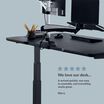 Front view of a electric standing desk with a five star rating with a customer review on the bottom of the image saying "We love our desk... It arrived quickly, was easy to assemble, and everything works great."