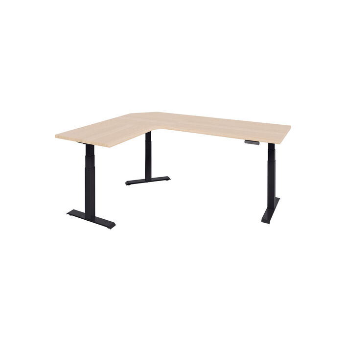 isolated image of a L-shape electric standing desk with a light wood finish top and black legs image number 1