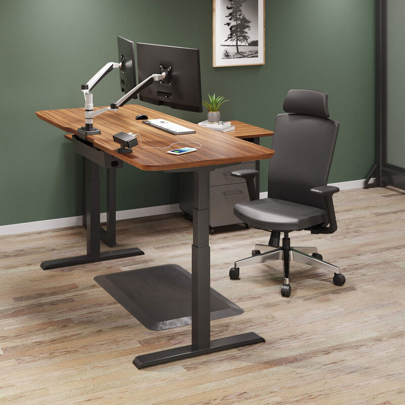 Executive Office Set in use with an Electric Standing desk 72x30 and The Executive Task Chair and Dual Monitor Arms and Power Hub and Standing Mat 36 x 24 and Table 60 x 24 and File Cabinet and Cable Management Tray image number null