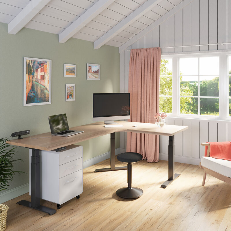 light wood finish l shape electric standing desk in an office workspace image number null