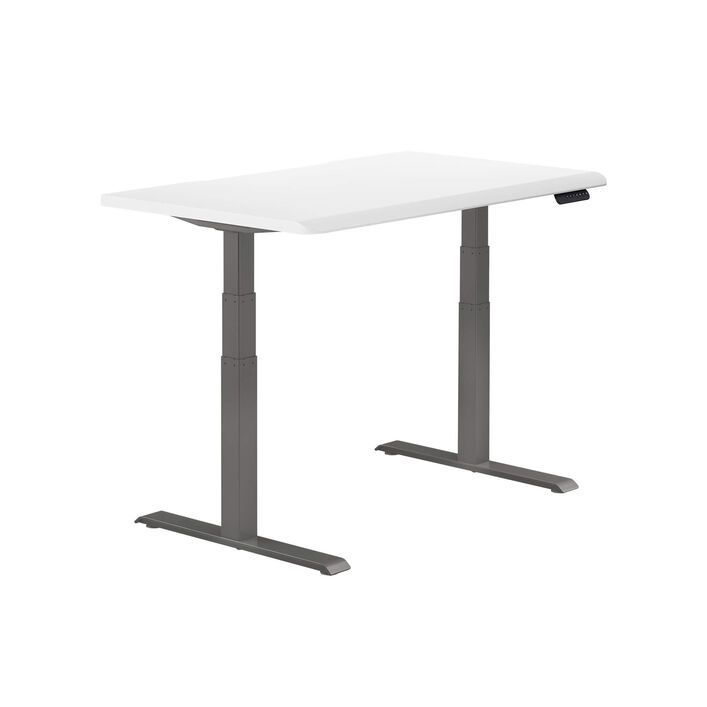 isolated image of a electric standing desk with a white finish top and slate legs image number 1