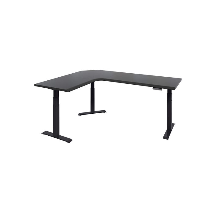 isolated image of a L-shape electric standing desk with a black finish top and black legs image number 1