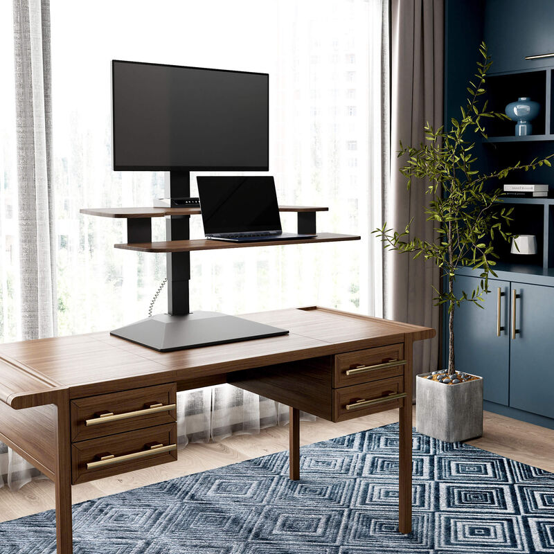 varidesk electric single monitor converter in walnut in a raised position on desk  image number null