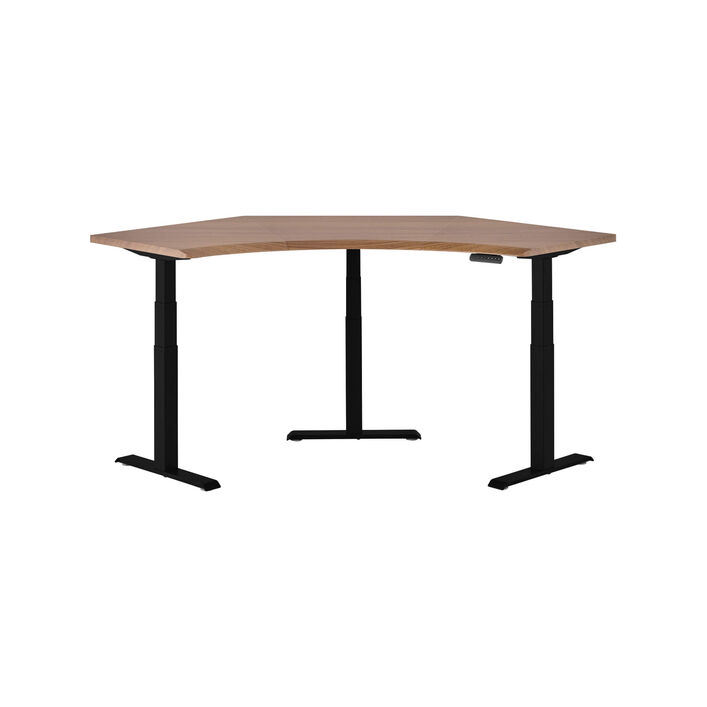 isolated image of a electric standing desk with a walnut finish top and black finish legs image number 1