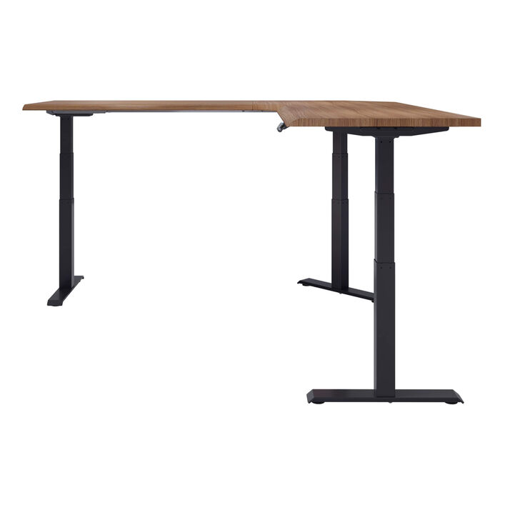 side view of an L-shape electric standing desk with a walnut finish top and black legs image number 2