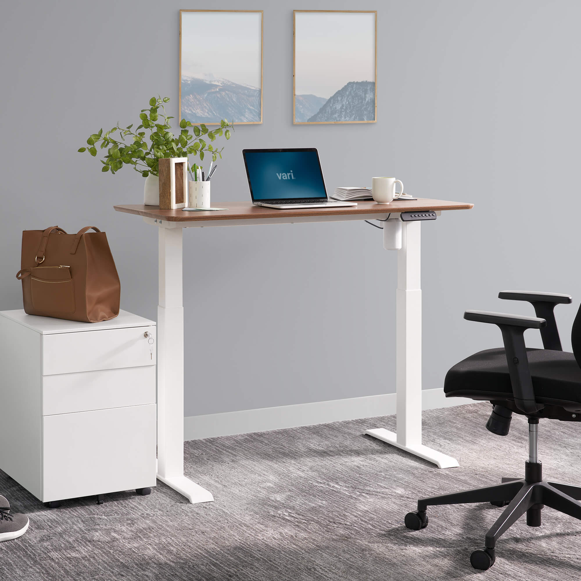 Hazel Wood Vari Essential Electric Standing Desk 48 x 24 Height Adjustable Sit to Stand Desk for The Home Office Splice Top Desktop with Stable T-Style Legs 