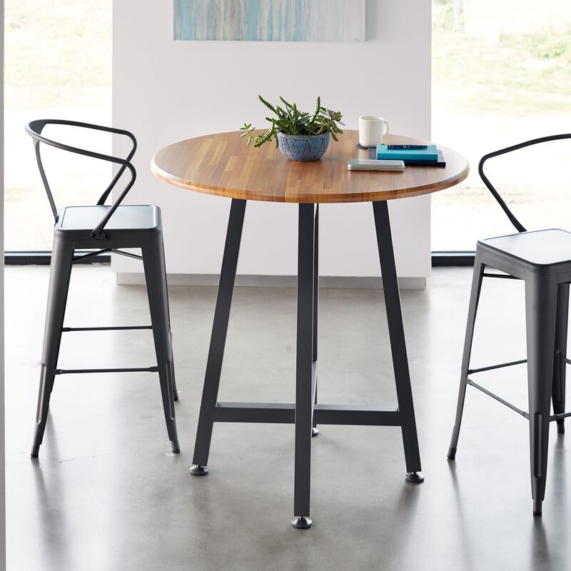 Standing Round Table Butcher Block shown with two chairs in office image number null