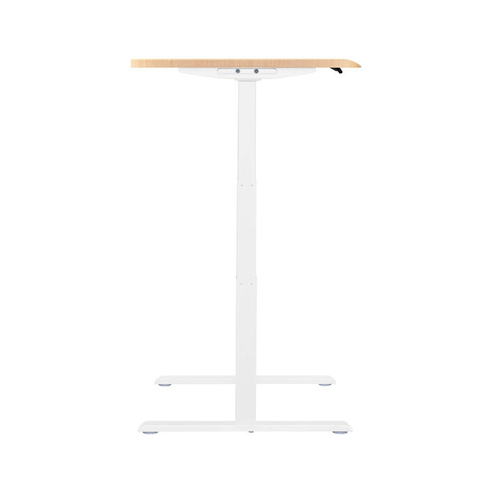 side view of an electric standing desk with a light wood finish top and white legs image number 2
