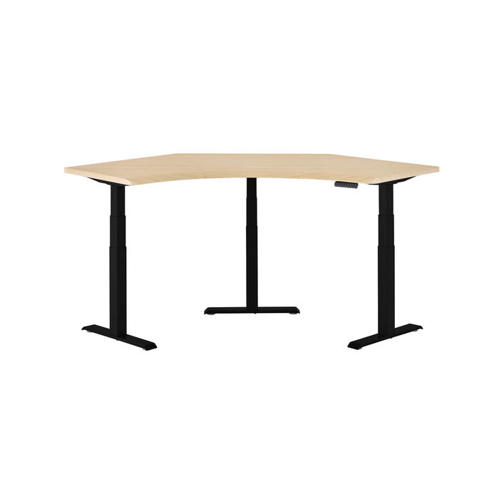 isolated image of a electric standing desk with a light wood finish top and black finish legs image number 1