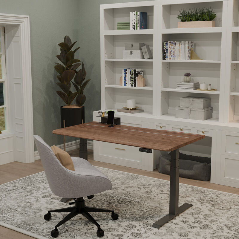 Electric Standing Desk 60x30 with tech track in walnut with slate legs in raised position at home image number null