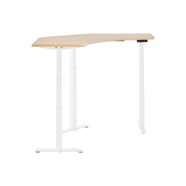 side view of an electric standing desk with a light wood finish top and white finish legs image number 2