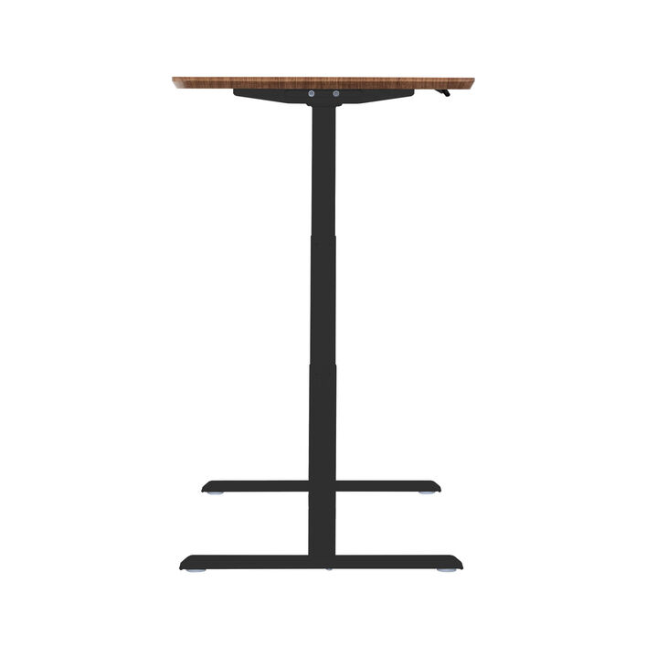 side view of an electric standing desk with a walnut finish top and black legs image number 2