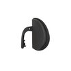 Side profile view of a black fabric headrest cushion attached to its adjustable mounting arm and bracket, isolated on a white background.