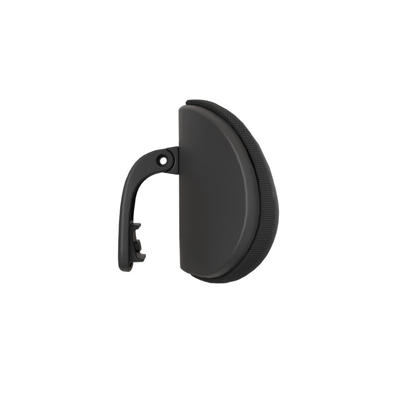 Side profile view of a black fabric headrest cushion attached to its adjustable mounting arm and bracket, isolated on a white background. image number null