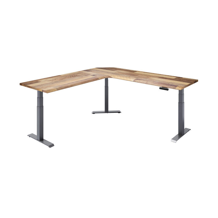 isolated image of a L-shape electric standing desk with a reclaimed wood finish top and slate legs image number 1